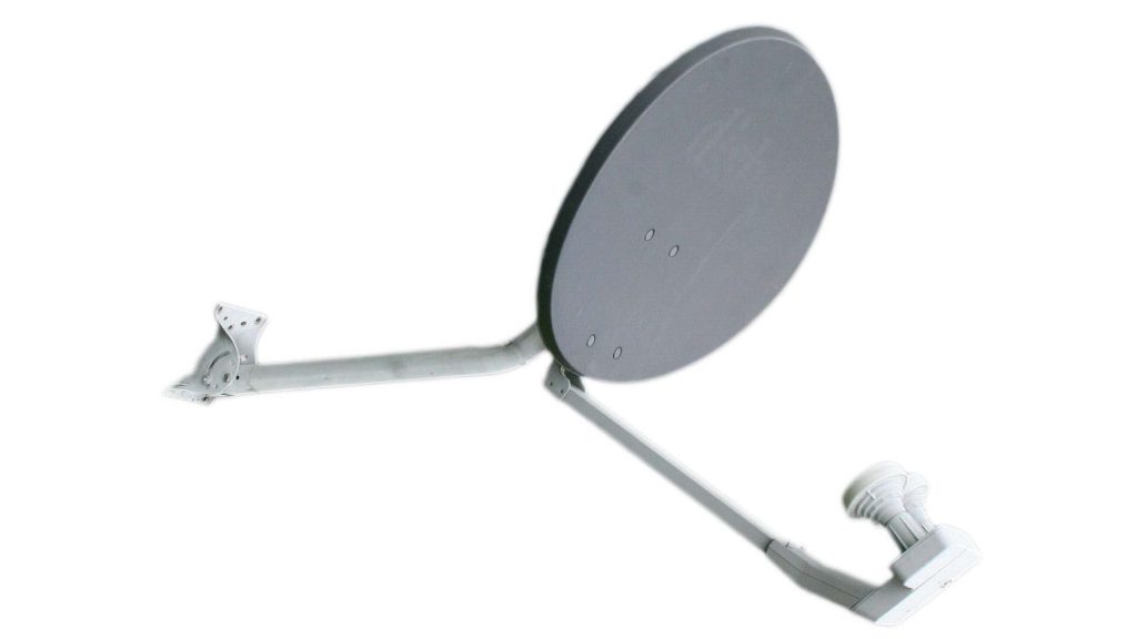 Photo of a small satellite TV dish with a high f/D ratio, showing relatively bulky construction