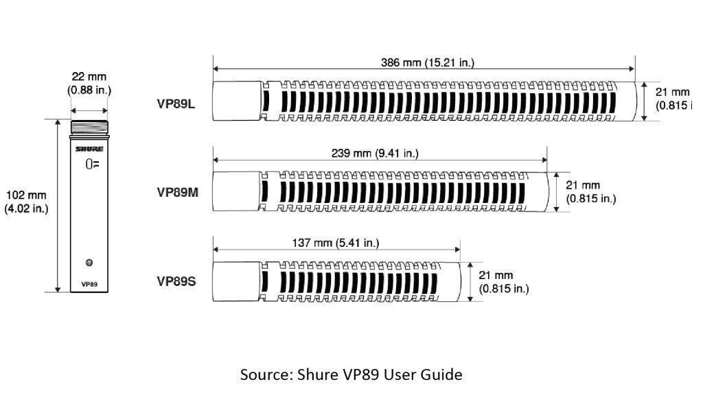 Illustration of the interference tubes of the Shure VP89 shotgun microphone series from the VP89 User Guide