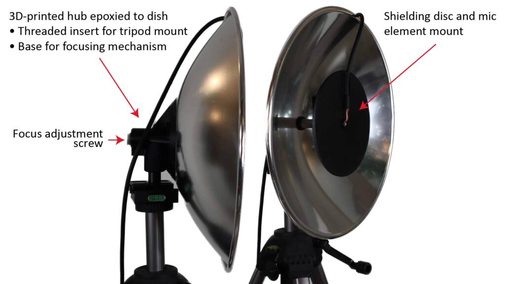 Photos of a DIY parabolic microphone using a 12-inch solar-collector reflector