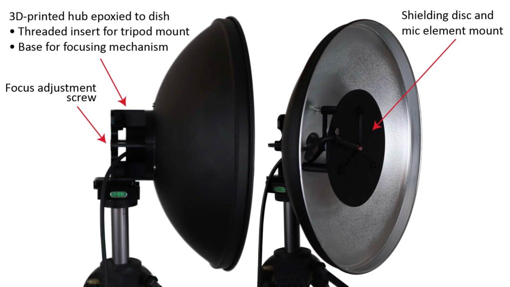 Photos of a DIY parabolic microphone using a 12-inch Godox beauty-dish reflector